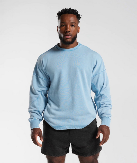 Oversized Washed Out Crew Neck Sweatshirt (Blue)